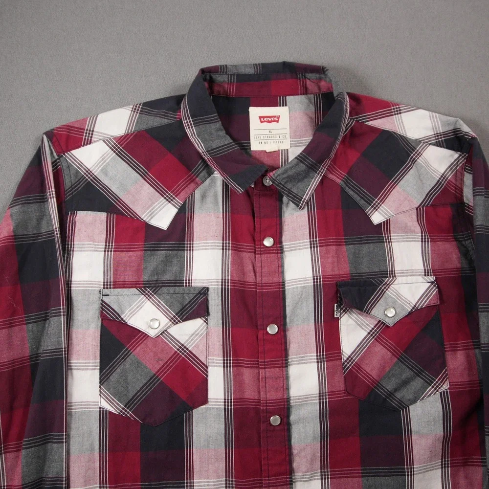 Levi Plaid Pearl Snap Western Cowboy Rodeo Red Black Men Shirt XL Ranch Y2K